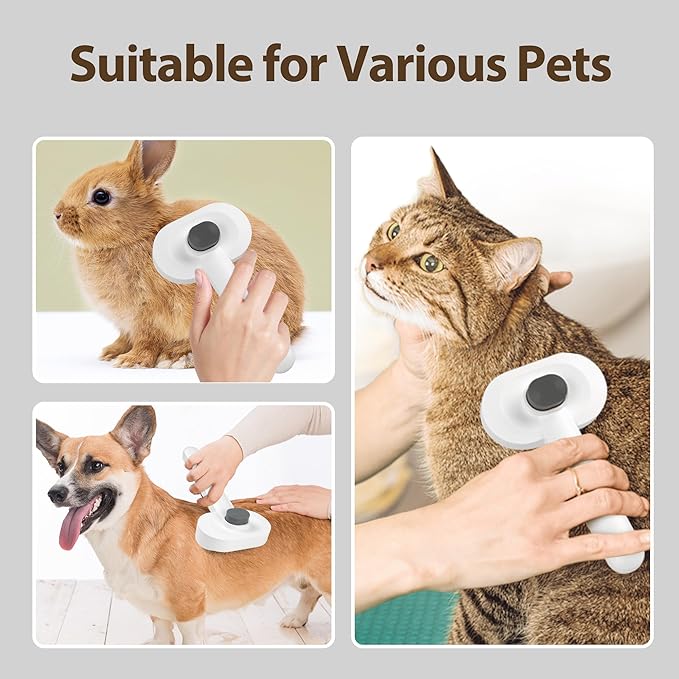 Self Cleaning Slicker Brush for Dogs & Cats - 2-in-1 Pet Grooming Tool with Flea Comb & Storage Box, Gentle Deshedding Brush for Long/Short Hair,White