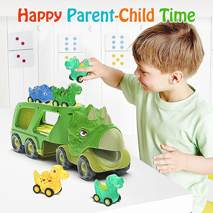 Veslier Dinosaur Car Toy for 3 4 5 Years Old Boys, Friction Power Carrier Truck with 4 Pack Small Pull Back Dino Car, Christmas Birthday Gift for 3+ Boy Girl Kids Toddlers