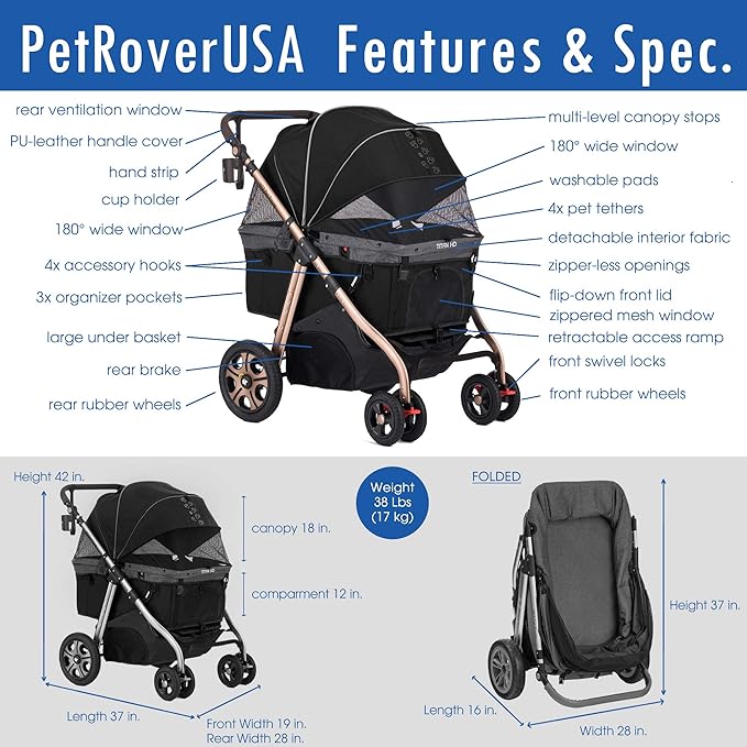 Titan-HD Premium Super-Sized Dog/Cat/Pet Stroller SUV Travel Carriage/w Access Ramp/100Lbs Capacity/Pumpless Rubber Wheels/Aluminum Frame for Small, Med, Large, XL Pets (Black)