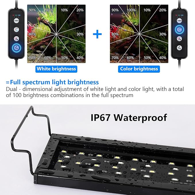 AQQA Full Spectrum Aquarium Light, Fish Tank Lights for Plant Growth Fish Viewing,3 Mode White Blue Red Green LED beads,Timer,Adjustable Brightness,Extendable Brackets for Freshwater 14W for 12-18inch