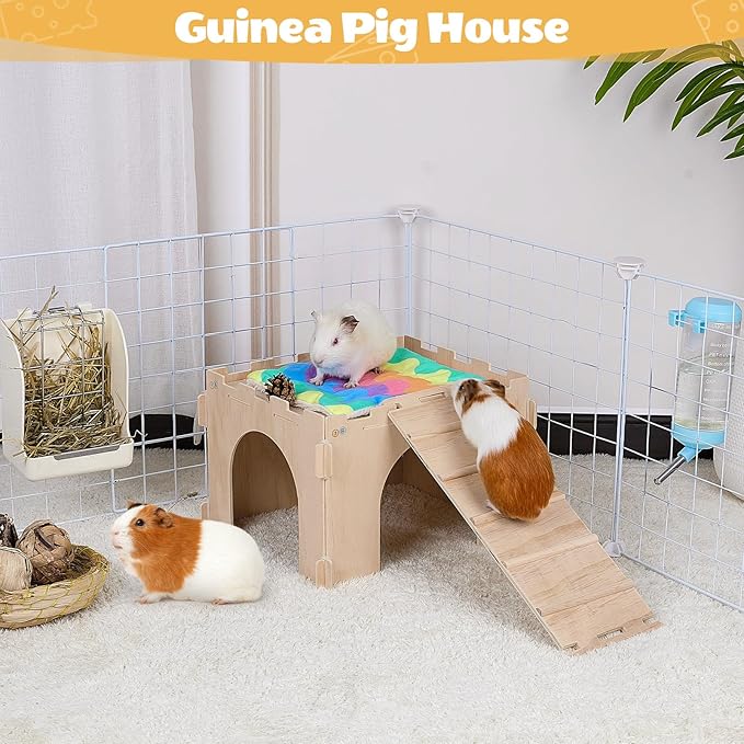 Guinea Pig Hideout, Guinea Pigs House with Stairs and Mats Extra Large Guinea Piggy Castle Detachable Hideouts for Small Animals Wooden Guinea Pig Habitats with Multiple Doors and Windows