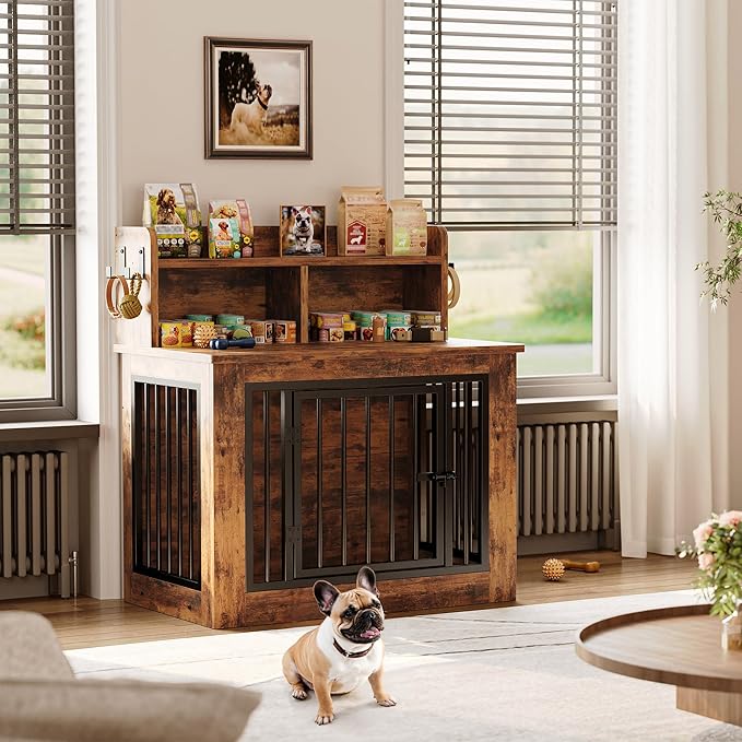 IRONCK Dog Crate Furniture, 33.4 inches Wooden Small Dog Crate with Storage and 4 Hooks, Heavy Duty Pet Crate for Small Dog, Decorative Pet Cage for Indoor (22" L x 33.4" W x 37.4" H)