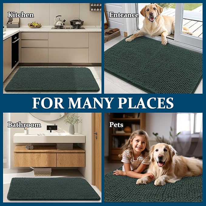 OLANLY Dog Door Mat for Muddy Paws 40x32, Absorbs Moisture and Dirt, Absorbent Non-Slip Washable Doormat, Quick Dry Chenille Mud Mat, Entry Indoor Entryway Carpet for Inside Floor, Blackish Green