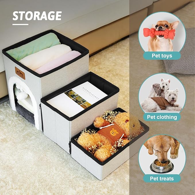 Dog Stairs for Small Dogs with Storage and Condo, 17.5" H Foldable Pet Stairs for Small Medium or Puppy Dogs and Older Cats, Dog Steps for Bed or Couch, 13x35x17.5 inch, 4 Tiers, Beige
