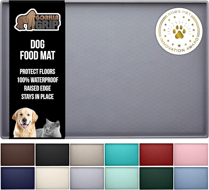 GORILLA GRIP 100% Waterproof Raised Edge BPA Free Silicone Pet Feeding Mat, Dog Cat Food Mats Contain Spills Protects Floors, Placemats for Cats and Dogs Water Bowl, Pets Accessories 18.5x11.5 Gray