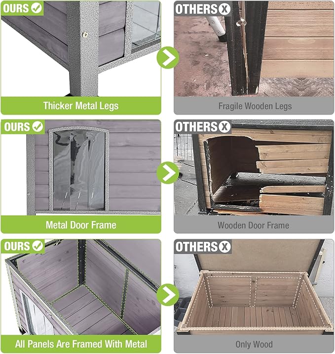 GUTINNEEN Chew Proof Dog House with Metal Iron Frame Outdoor Dog Kennel for Small Medium Large Indoor Dog Cage (33.5" L,Grey Color)