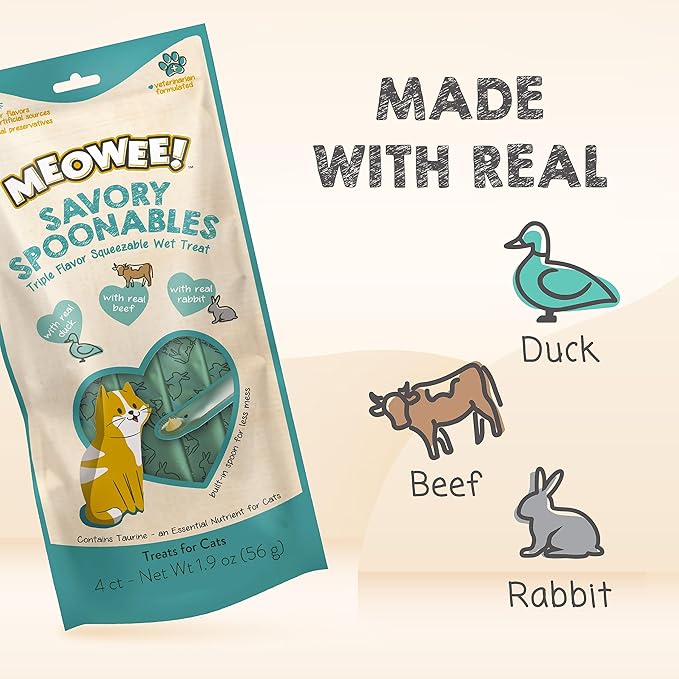 Savory Spoonables with Real Duck, Beef & Rabbit, 4 Count Tube, Triple Flavor Squeezable Lickable Wet Treats for Cats with Built-in Spoon for Less Mess
