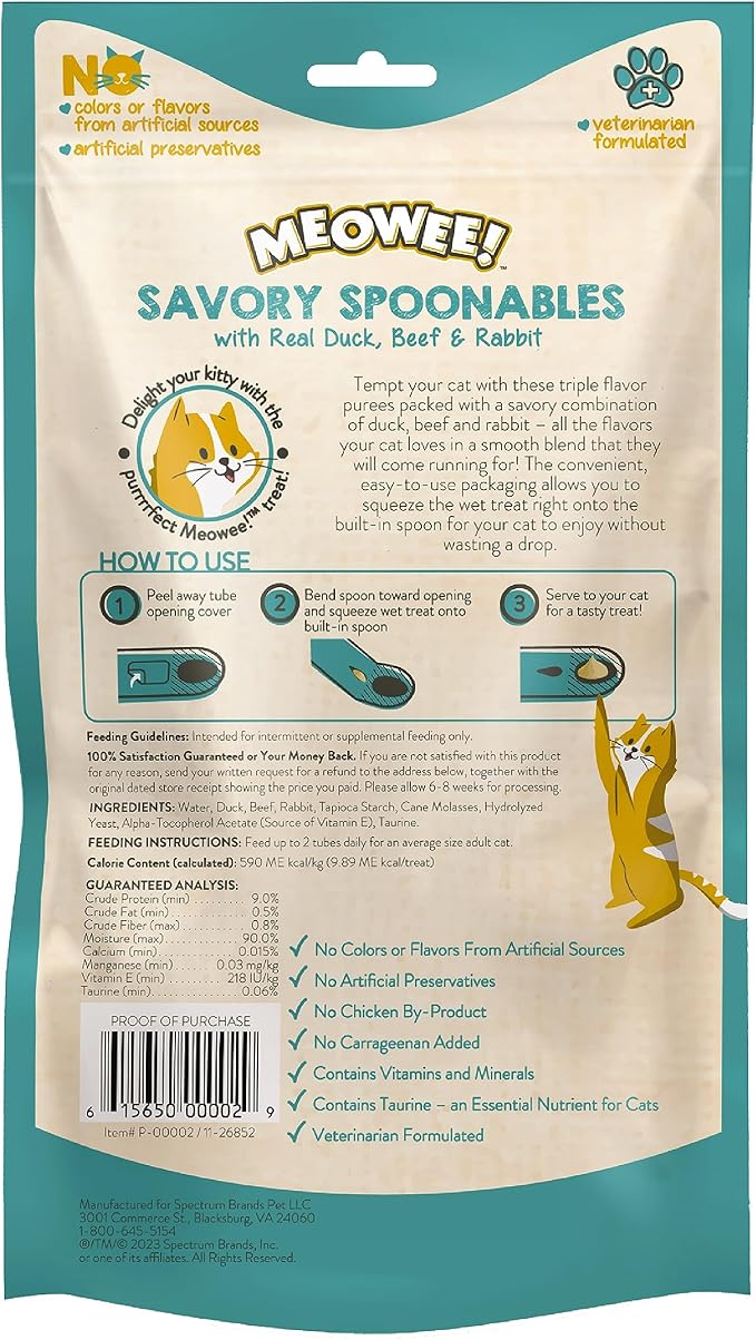 Savory Spoonables with Real Duck, Beef & Rabbit, 8 Count Tube, Triple Flavor Squeezable Lickable Wet Treats for Cats with Built-in Spoon for Less Mess