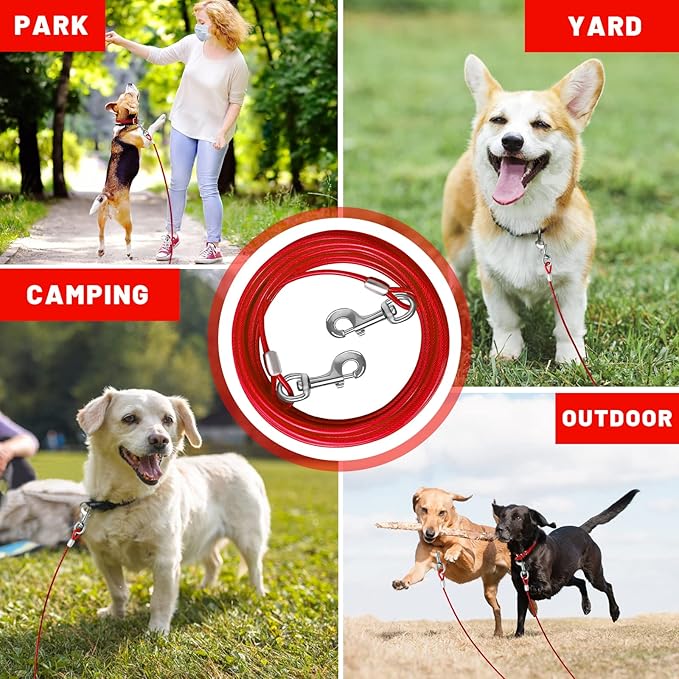 Dog Tie Out Cable 10/15/20/25/30 FT Runner for Yard Steel Wire Cable with Durable Superior Clips Red Chains for Outside Dog Lead for Large Up to 165 Lbs