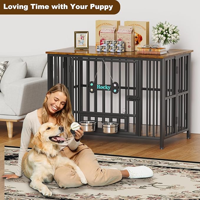 Easycom 41" Dog Crate Furniture Foldable, No Assembly Decorative Dog Kennel Indoor, Dog Crates for Large Dogs (40–65 lbs), Wooden Dog Cage with Adjustable Bowls and Name Tag, End Table, Rustic Brown
