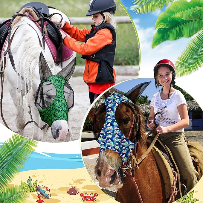 Chunful 6 Pcs Horse Fly Masks with Ears Smooth and Comfortable Cashel Mesh Fly Mask Elasticity Breathability UV Protection Horse Face Covering for Riding Supplies(Flamingo,Medium)