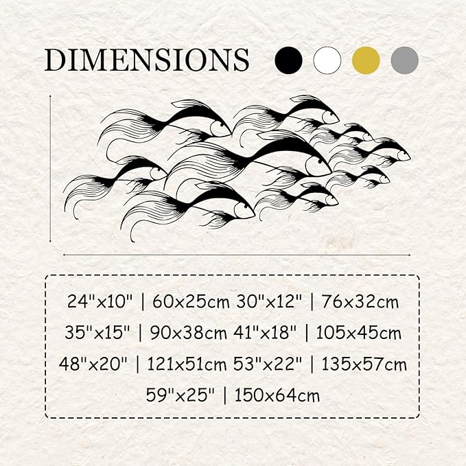 School of Fish Metal Wall Art, Metal Fish Wall Decor, Sea Life Wall Art, Large Nautical Wall Hanging, Modern Beach House Wall Decor, Ocean Themed Artwork for Bathroom (White, 35"x15" | 90x38cm)