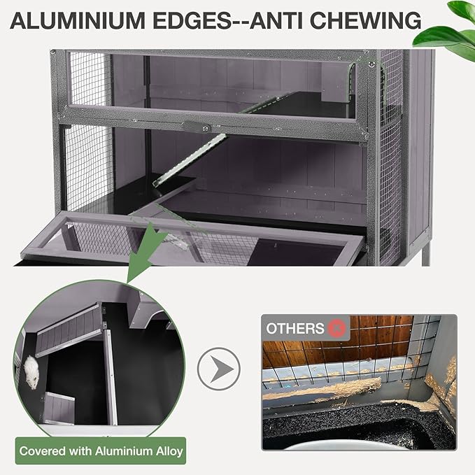 Guinea Pig Cage, Moveable Metal Frame Hamster Cage Anti-Chewing with Aluminium Alloy Edge, Hideouts, Ramps, Seesaws Chewing Toy, Deeper Pull-Out Leakproof Tray for Indoor Outdoor(Grey