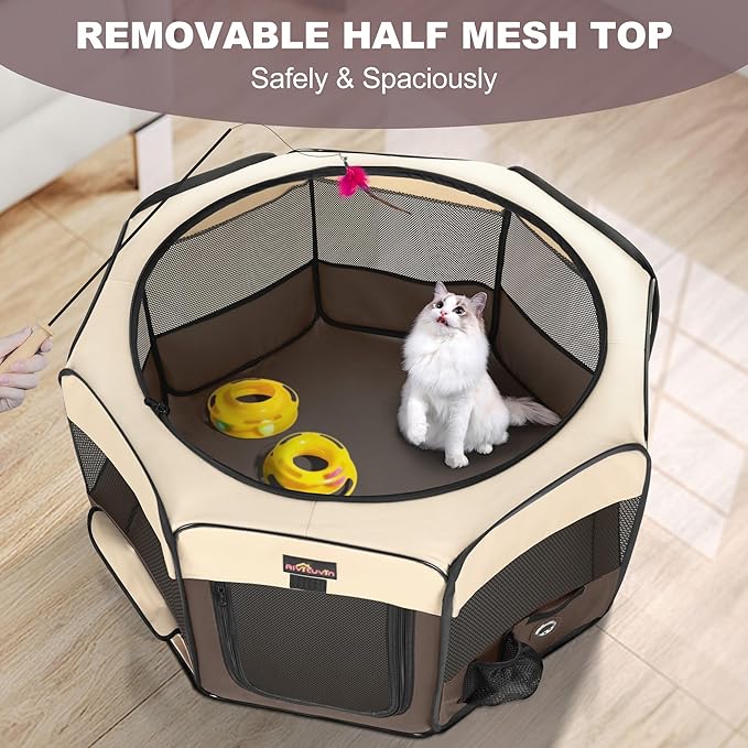 Aivituvin Dog Playpen, Foldable Pet Play Pens with Carrying Bag for Cat, Puppies, Rabbits, Portable Dog Tent Crates Cage for Travel Camping Indoor Outdoor, Removable Shade Cover, Brown M