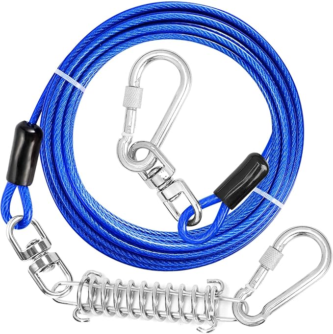 Jenico Dog Tie Out Cable, 10/15/20/30/40/50/70/100/150FT Runner Cable with Swivel Hook and Shock Spring, Yard and Camping Dog Leash Run Tether, Small to Medium Pets Up to 500 LBS