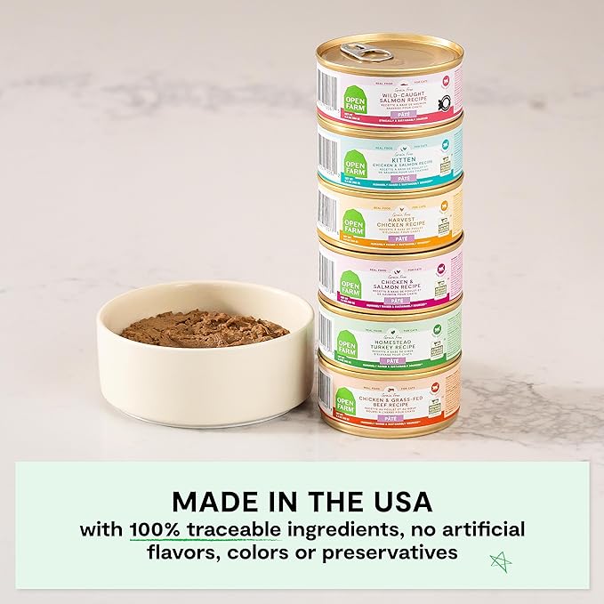 Open Farm Canned Cat Food, Paté for Complete & Balanced Nutrition, Grain-Free and Legume-Free Wet Cat Food, Chicken & Salmon Recipe, 5.3oz Cans (Case of 12)