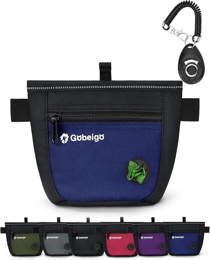 Gobeigo Dog Treat Pouch and Training Clicker, Upgrade Two Magnetic Closure to Prevent Spills, 2 Cup Treat Bag with Poop Bag Dispenser, Metal Clip Waist Belt Fanny Pack for Pet Walk (Black/Blue)