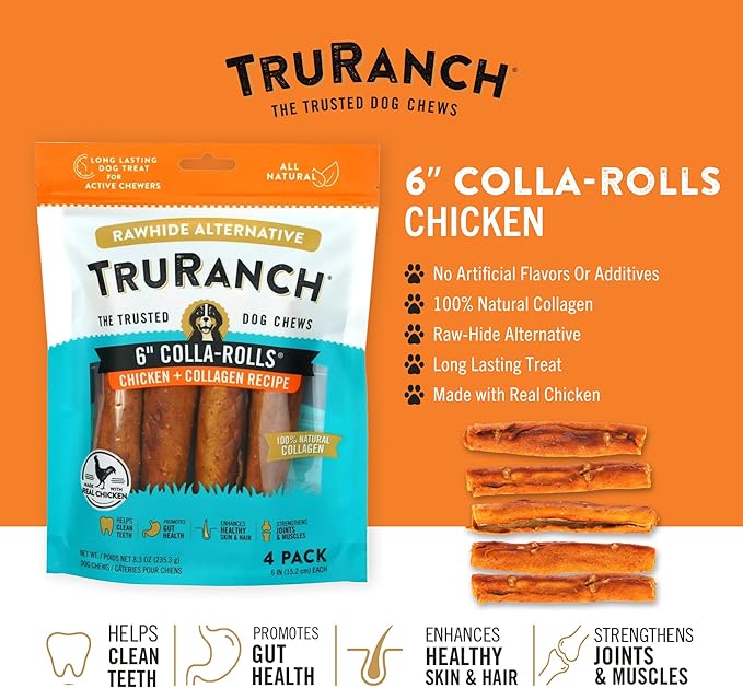 Collagen Rolls - 6" Collagen Rolls for Dogs - Long Lasting Healthy Joint Support - Rawhide Alternative - Skin & Coat Health - Made with Real Chicken, Value Pack, 15 Bags, 60 Count