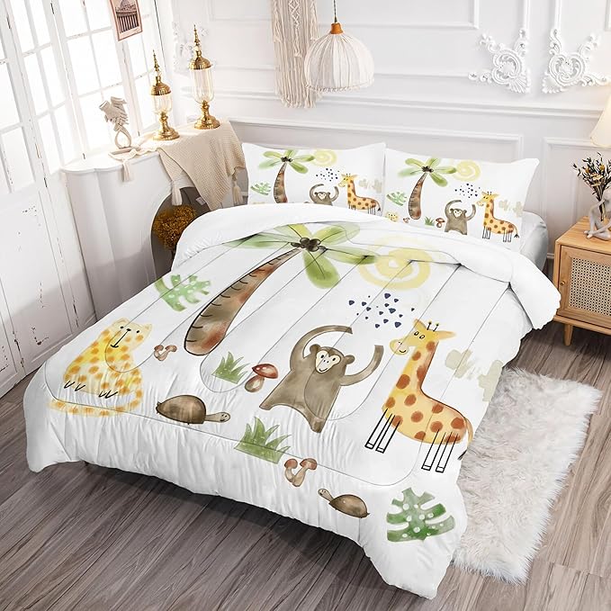 Safari Animals Comforter Set: King Size Woodland Animal Bedding Sets for Adults Teens Girl Boy Cartoon Forest Jungle Giraffe Monkey Quilts Wildlife Duvet Bed Sets 3 Piece