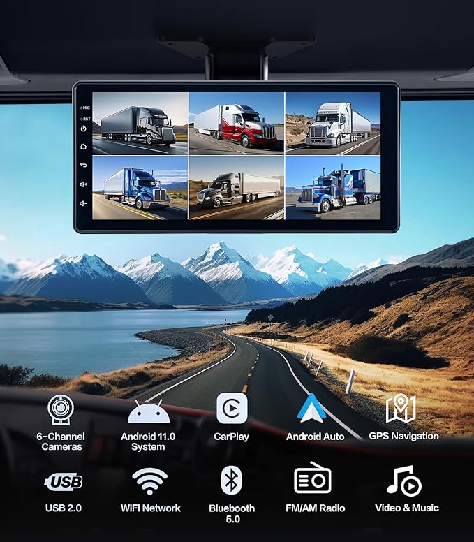6-Channel Dash Cam 1080P Backup Camera System with 10.33 Inch Touch Parking Monitor,DVR Recording Back Up Camera for RV/Truck/Trailer/Van/SUV/Cars,Wireless Carplay/Android Auto/WiFi/Bluetooth/FM Radio