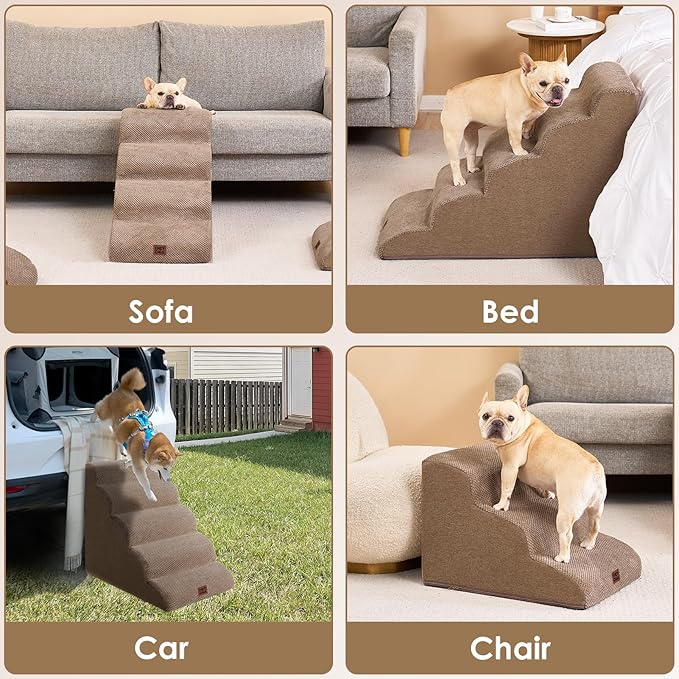 EHEYCIGA Curved Dog Stairs Ramp for High Beds 22.6" H, 5-Step Dog Steps for Small Dogs and Cats, Pet Stairs for High Bed Climbing, Non-Slip Balanced Pet Step Indoor, Camel