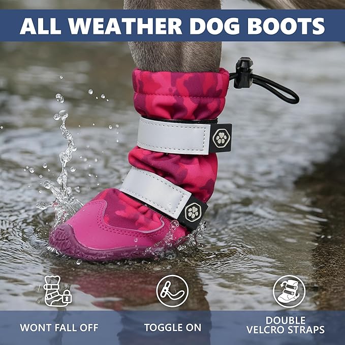 Spark Paws Dog Shoes, Waterproof Dog Boots for Medium to Large Dogs, Non Slip, Breathable Dog Booties and Paw Protectors - 4PCS Doggie Hiking Boots with Reflective Straps, Pink Camo, Size 1
