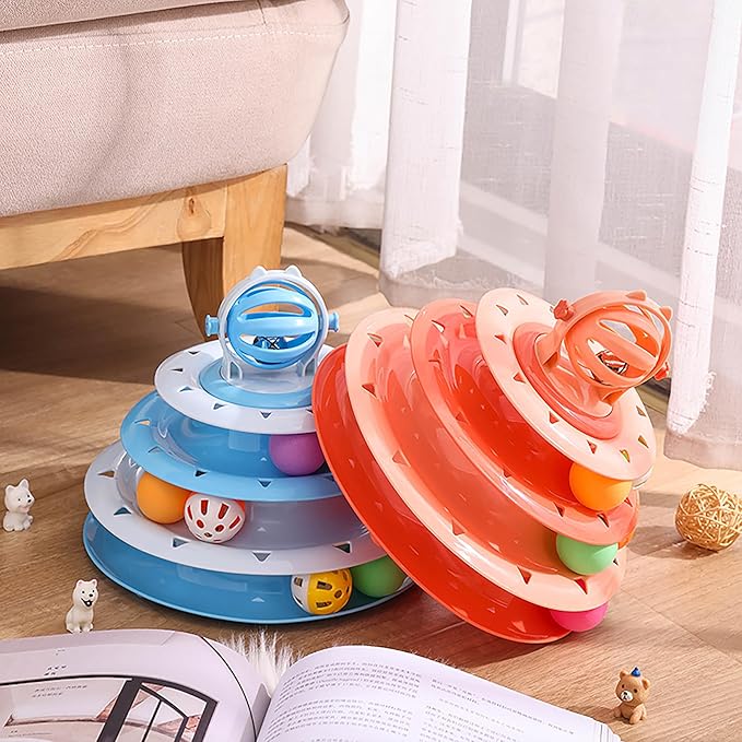 Vealind Cat Toy Roller 4-Level Turntable Cat Toys Balls with Colorful Pom Pom Balls Interactive Fun Mental Physical Exercise Puzzle Kitten Toys (Green)