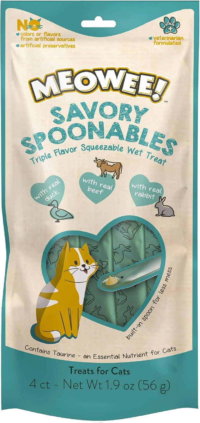 Savory Spoonables with Real Duck, Beef & Rabbit, 4 Count Tube, Triple Flavor Squeezable Lickable Wet Treats for Cats with Built-in Spoon for Less Mess