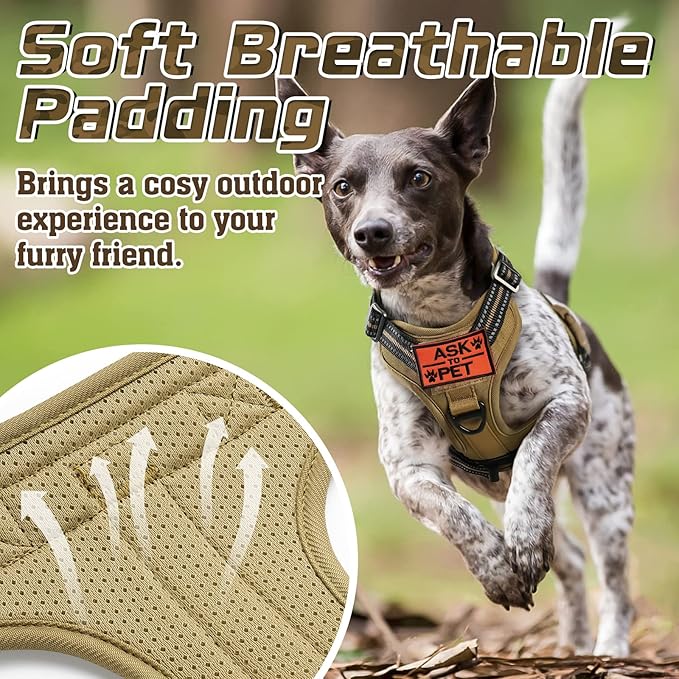 rabbitgoo Tactical Dog Harness Medium Sized Dog, No Pull Military Service Vest with Handle & Molle, Easy Control for Training Walking, Adjustable Reflective Straps, Brown, M