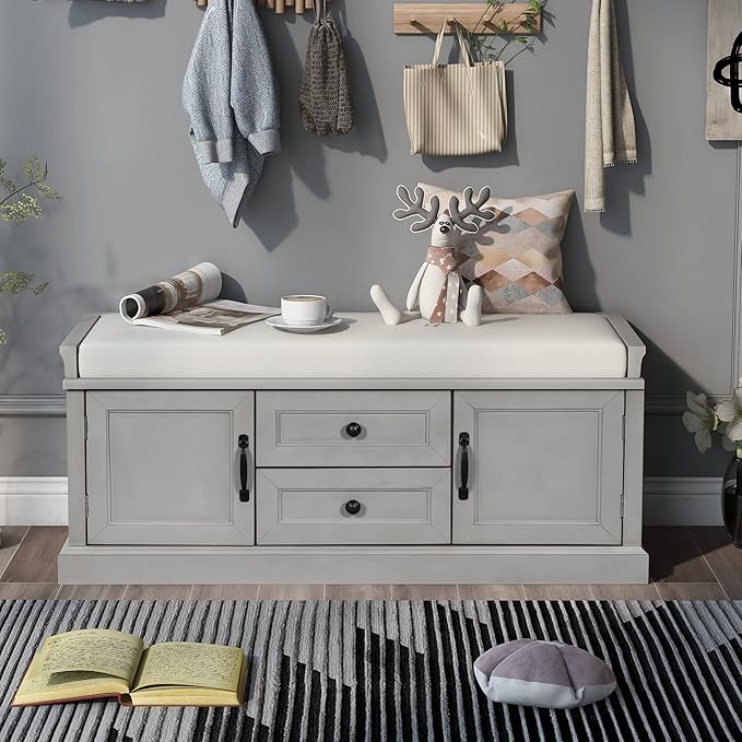 Shoe Storage Bench with 2 Drawers and 2 Cabinets, Pine Wood Shoe Bench with Removable Cushion for Living Room, Entryway 42.5" L x 15.9" W x 17.5" H (Gray Wash)