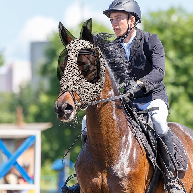 Chunful 6 Pcs Horse Fly Masks with Ears Smooth and Comfortable Cashel Mesh Fly Mask Elasticity Breathability UV Protection Horse Face Covering for Riding Supplies(Leopard,Large)