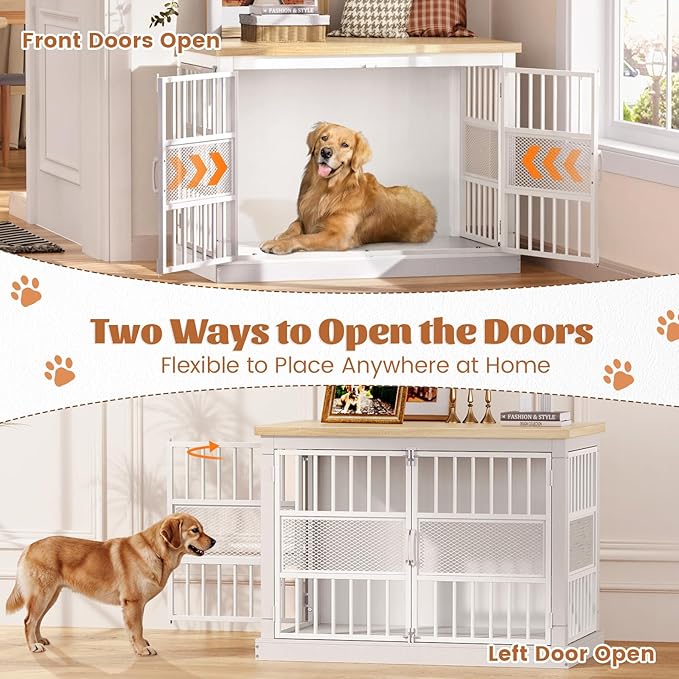 VOPEAK 46" Dog Crate Furniture, Chew Resistant Large Dog Crate for Medium Large Dogs, Heavy Duty XL Dog Crates Dog Kennel Cage Indoor with Double Doors, End Table for Bedroom Living Room, White
