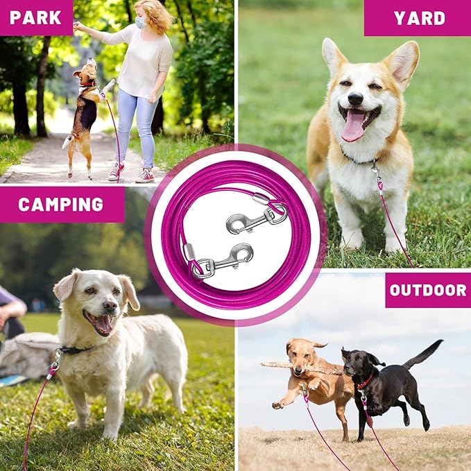 Dog Tie Out Cable 10/15/20/25/30 FT Runner for Yard Steel Wire Cable with Durable Superior Clips Pink Chains for Outside Dog Lead for Large Up to 165 Lbs