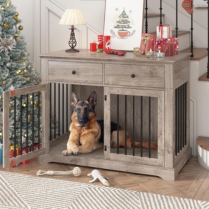 Dog Crate Furniture, 44 Inch Wooden Dog Kennel Indoor with 2 Storage Drawers, Heavy Duty Large Crate Furniture, Decorative End Table Cage Furniture for Small/Medium/Large (Grey)