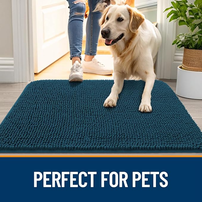 OLANLY Dog Door Mat Set 4-Piece 36x24, Absorbs Moisture and Dirt, Absorbent Non-Slip Washable Doormat, Quick Dry Chenille Mud Mat for Dogs, Entry Indoor Entryway Carpet for Inside Floor, Atlantic Blue