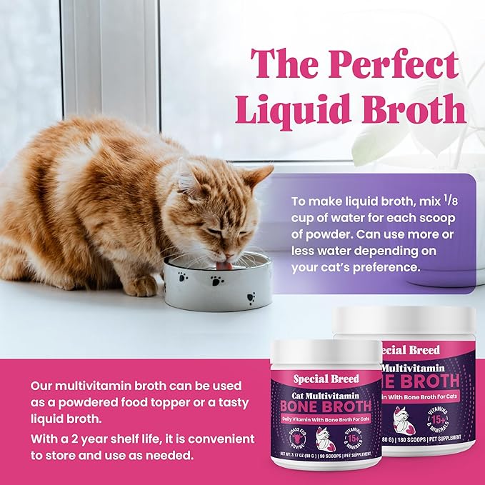 Cat Multivitamin with Grass-Fed Beef Bone Broth – Daily Supplement for Immune, Joint, Skin, Coat & Gut Health – Omega 3s, Lysine, Beta Glucan, Vitamins A-E, C, D – 180 Day Supply – No Fillers