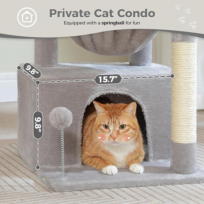 PEQULTI 4-in-1 Cat Tree, 33'' Cat Tower for Indoor Cats with Large Cat Condo, Scratching Post for Cats with Deep Hammock& Cozy Top Perch, Grey