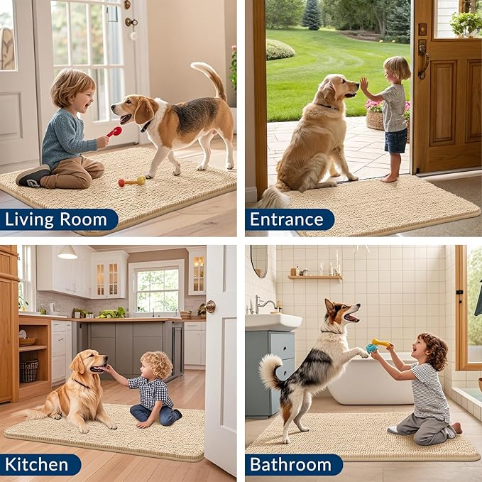 Smiry Dog Door Mat for Muddy Paws 47x24, Absorbs Moisture and Dirt Doormat, Non-Slip Washable Quick Dry Chenille Front Door Mat Indoor Entrance, Entryway Carpet for Inside Floor, Beige