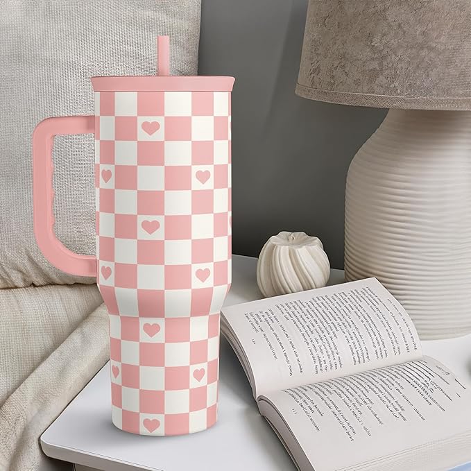 SANDJEST 40oz Checkered and Heart Tumbler with Handle and Straw - Insulated Stainless Steel Travel Coffee Mug for Women Girls, Gift for Birthday, Christmas
