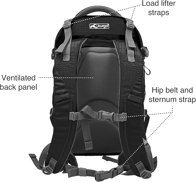 Kurgo G-Train - Dog Carrier Backpack for Small Pets - Cat & Dog Backpack for Hiking, Camping or Travel - Chest Straps & Hip Belt - Reflective - Two Water Bottle Sleeves - Waterproof Bottom (Black)
