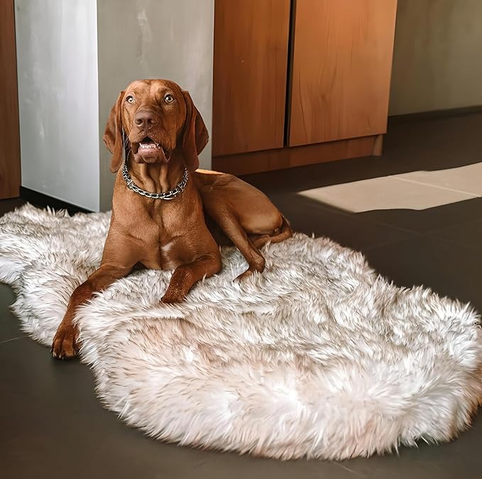 IHAPPYDOG Luxury Faux Fur Orthopedic Dog Bed, Memory Foam Dog Bed for Small, Medium, Large and XL Pets, Fluffy Pet Bed with Waterproof and Washable Cover (White w/Brown Tips, 50"x30")
