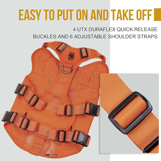 OneTigris Mesh Design Tactical No Pull Dog Harness for Large Dogs, Breathable Service Dog Vest Harness with Handle, Military Dogs Vest with Molle Panels for Walking Hiking (Orange, X-Large)