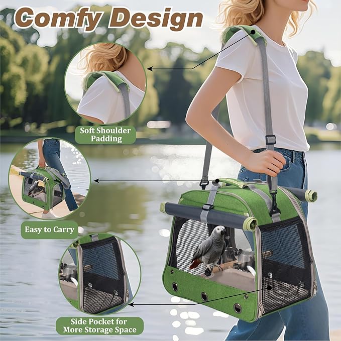 Bird Carrier Parrot Travel Cage with Perch, Food Bowl, Tray and Breathable Clear Window, Bird Travel Bag for African Gray Cockatiel Caique Conure Quaker, for Vetting Camping Hiking (Green)