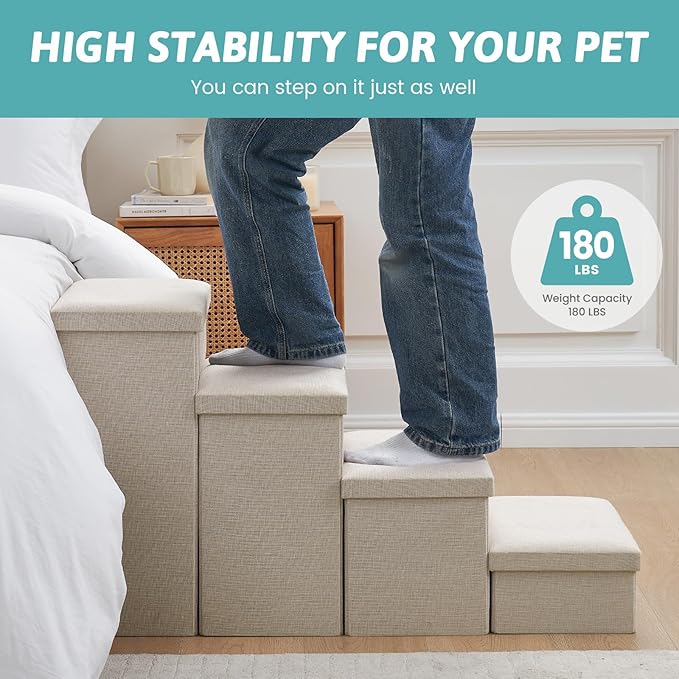 Dog Stairs with Storage, 4-Step Wider Sturdy Dog Steps for Small/Medium/Large Dogs and Older Cats, Folding Doggie Ramp for Bed/Couch/Car Hold Up to 180 lbs (22" H, Beige)