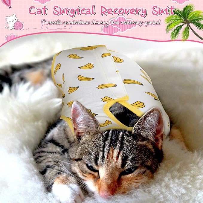 Nuanchu 3 Pieces Cat Recovery Suit Kitten Recovery Suit E-Collar Alternative for Cats and Dogs Abdominal Skin Anti Licking Pajama Clothes Sets(Strawberry Pattern,Small)