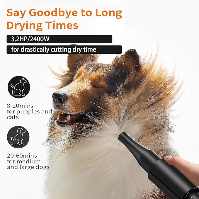 2400w 75m/s Dog Dryer for Pet Grooming, High Velocity Pet Hair Dryer with Heater, Adjustable Speed, 4 Nozzles and a Comb, Purple