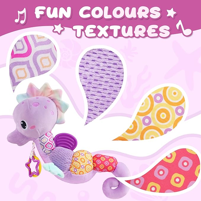 Baby Toys 0-6-12 Months,Musical Stuffed Animals Activity Soft Infant Toys with Multi-Sensory Crinkle, Rattle and Textures,Boys Newborn Baby Girl Toys, Seahorse, Purple