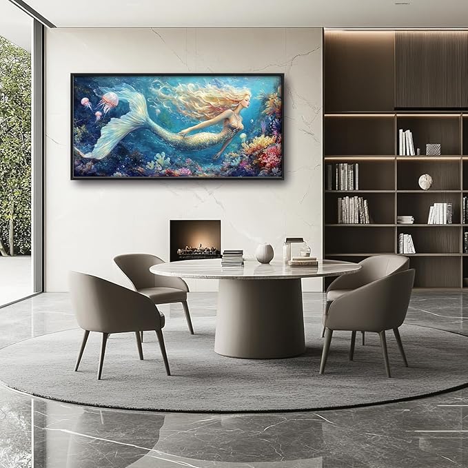 Extra Large Framed Mermaid Wall Art,Oversized Undersea Ocean Wall Decor,Colorful Coral Reefs Pictures for Living Room,Elegant Canvas Print Painting Modern Artwork Bedroom Bathroom 60L x 30W