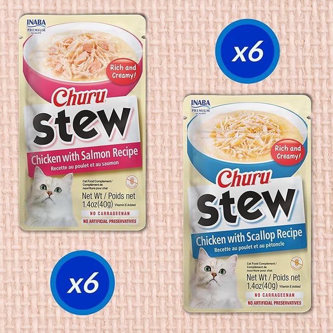 INABA Churu Stew for Cats, Side Dish Pouch with Vitamin E, 1.4 Ounces per Pouch, 12 Pouches, Chicken Variety