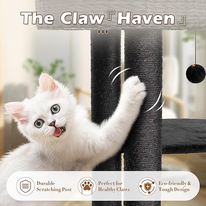 KAMABOKO Modern Cat Tree, 39" Tall Cat Tree Black for Kittens Climb Play & Rest, Cat Trees for Indoor Cats w/Natural Sisal Scratching Posts, Hand-Woven Condo & Top Perch